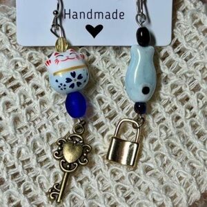 Handmade Cat and Fish Earrings with Key and Lock Charms